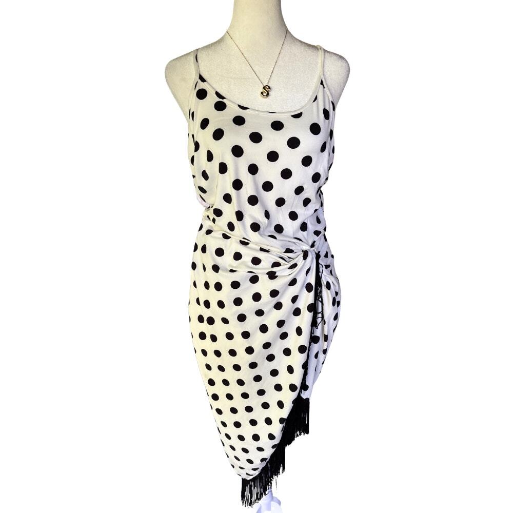 Venus Polka Dot Ruched Side Tie Fringe Hem Midi Dress White Black Size M